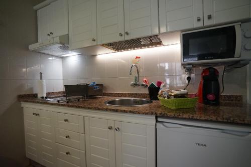 a kitchen counter with a sink and a microwave at Apartamentos Mesa in Valle Gran Rey