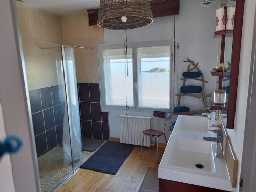 a bathroom with a sink and a shower and a window at A la découverte du cotentin in Cherbourg en Cotentin