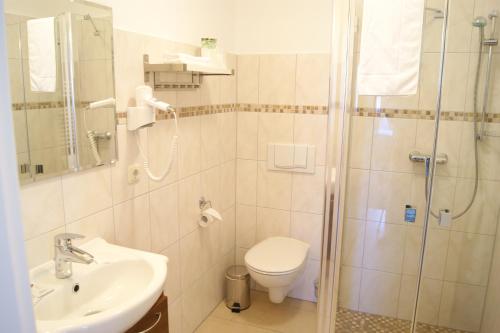 a bathroom with a shower and a toilet and a sink at Hotel Pension Bellevue in Bad Doberan