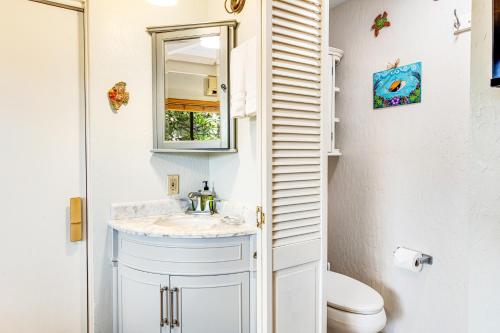 a bathroom with a sink and a mirror and a toilet at Koana Oasis in Kailua-Kona