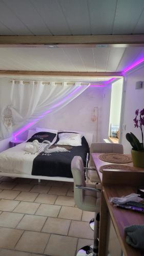 a bedroom with a bed with purple lights on it at Au Fil De l' Eau in Aurec-sur-Loire