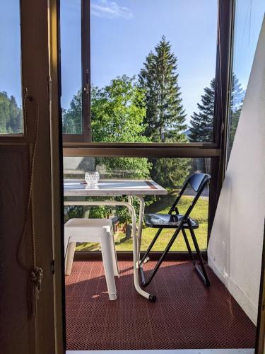 - une table et une chaise sur une terrasse couverte dans l'établissement Studio Gil La Bresse Hohneck, à La Bresse