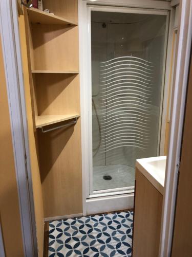 een douche met een glazen deur in de badkamer bij Camping Parc des Roches-Mobilhome in Saint-Chéron