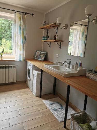 a bathroom with a sink and a washing machine at Siedlisko pod Orzechem in Przyłęk