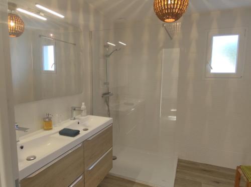 ein weißes Bad mit einer Dusche und einem Waschbecken in der Unterkunft Laurent le Goéland, maison les pieds dans l'eau in Sète