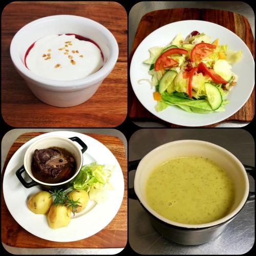 four pictures of four different bowls of soup and vegetables at Auberge De Carlucet in Carlucet