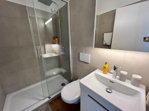 a bathroom with a shower and a toilet and a sink at Cocon by Stay Swiss - 1 bedroom apartments in old town in Porrentruy