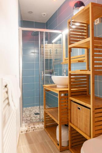 une salle de bain avec un lavabo et une douche dans l'établissement Le Bihan - Wifi - centre ville, à Vannes