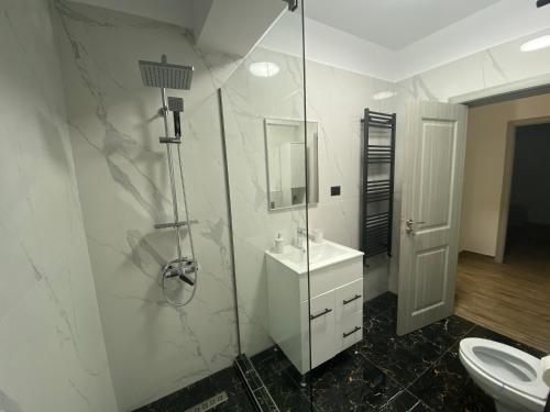 uma casa de banho com um chuveiro, um lavatório e um WC. em Eric Apartment em Mamaia Nord – Năvodari
