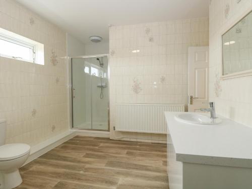 a bathroom with a toilet and a sink and a shower at The Look Out in Sea Palling