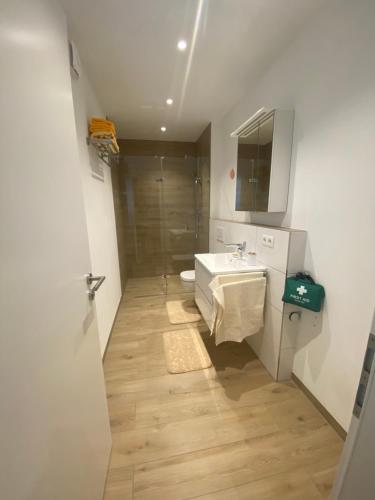 ein Badezimmer mit einem weißen Waschbecken und einer Dusche in der Unterkunft Apartment S&A in Holzkirchen