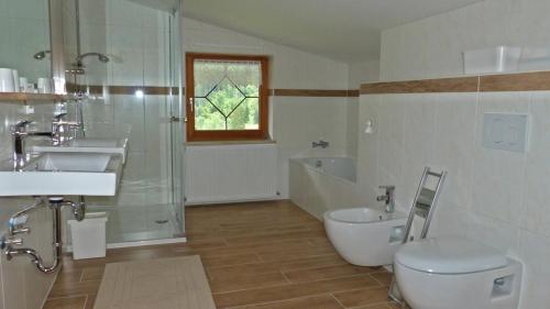 a bathroom with a toilet and a sink and a shower at Brandtnerhof Betriebe in Waidring