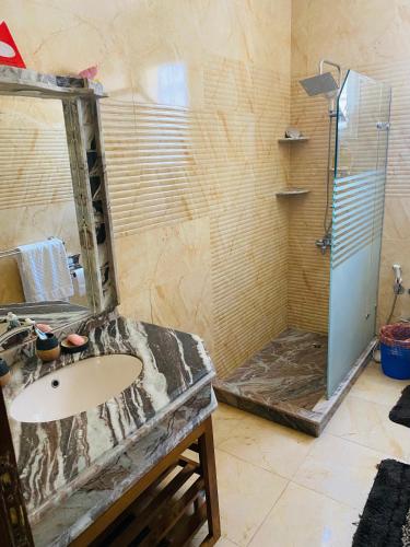 a bathroom with a sink and a shower at Lovely Villa 5- bedroom with Overflow Pool with Nice Garden at Green Oasis Resort in Alexandria