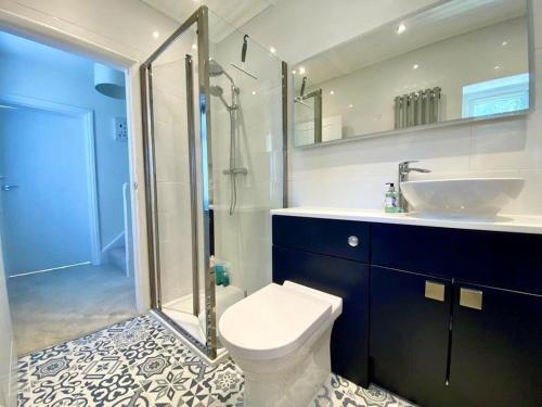 een badkamer met een toilet, een wastafel en een douche bij 83 Gills Cliff Road in Wroxall