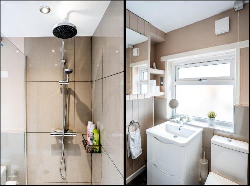 a bathroom with a shower and a toilet and a sink at The Tigers Townhouse in Leicester