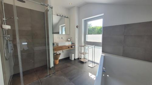 a bathroom with a shower and a sink at Tegernsee Chalet in Gmund am Tegernsee