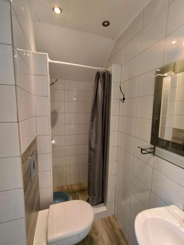 a bathroom with a toilet and a sink and a shower at NASZE 4 KĄTY in Junoszyno