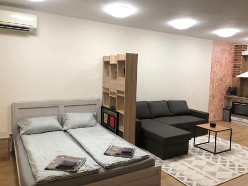 uma sala de estar com uma cama e um sofá em ДОМ1 em Varna City