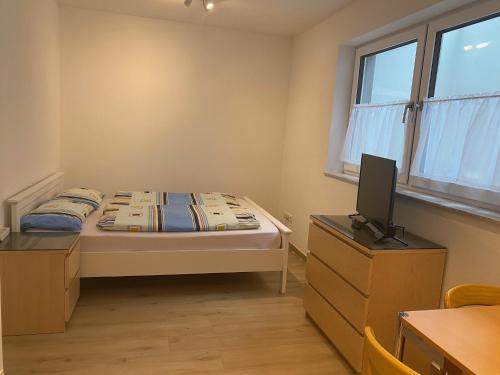 1 dormitorio con cama y vestidor con TV en Apartment S&A, en Holzkirchen