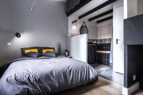 a bedroom with a large bed and a kitchen at Coeur Toulouse St Cyprien T1 bis type Loft in Toulouse