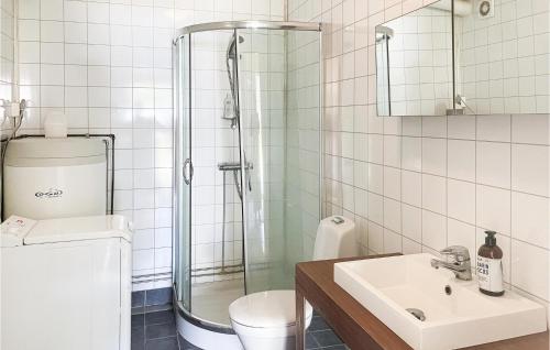 a bathroom with a shower and a toilet and a sink at Nice Home In Dovre With Wifi And 2 Bedrooms in Dovre