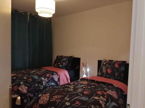 スノンにあるBel appartement familialのベッドルーム(ベッド2台、ランプ付)