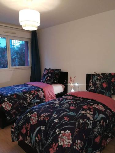 une chambre avec deux lits et une fenêtre dans l'établissement Bel appartement familial, à Cenon