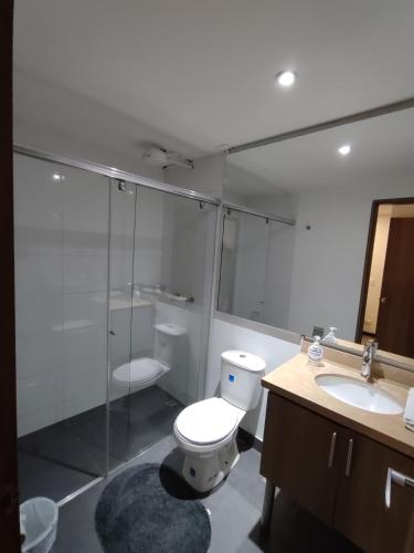 a bathroom with a toilet and a shower and a sink at 4 Apartaestudio Cedritos completo in Bogotá