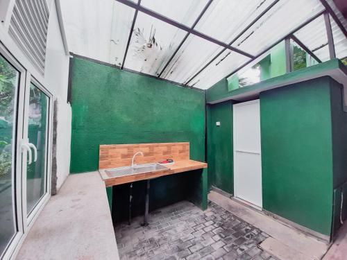 a kitchen with a sink and a green wall at Marette Holiday Bungalow in Moratuwa