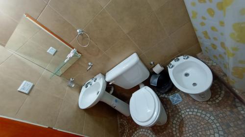 a bathroom with a white toilet and a sink at Los jacaranda in Cruz de Caña