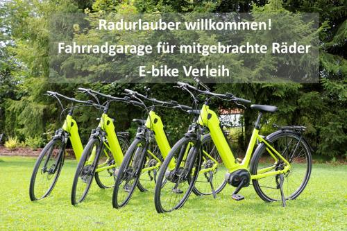 una fila de bicicletas estacionadas en el césped en Gästehaus Zehmerhof bei Erding, en Walpertskirchen