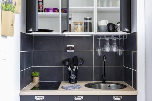 a kitchen with a sink and black tiled wall at L'AUTHENTIQUE *STUDIO *PARKING PRIVE* *WIFI*CALME in Lourdes