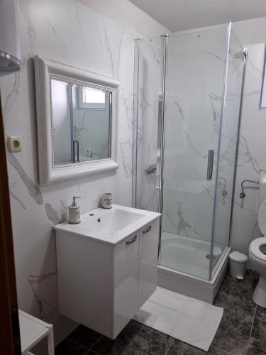 a white bathroom with a shower and a sink at Apartmani Natalija 4 Stars in Mrljane