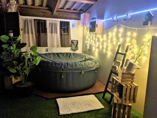 une pièce avec une baignoire avec une plante et des lumières dans l'établissement Studio 19 cosy avec jacuzzi et jardinet privatifs, à Draguignan