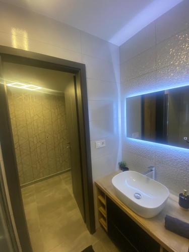 a bathroom with a sink and a mirror at Lake View Penthouse in Hajdúszoboszló