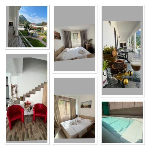 a collage of photos of a hotel room at Pensiunea casa Sia in Băile Herculane