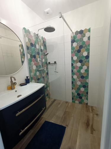 une salle de bain avec un lavabo et une douche avec un miroir dans l'établissement Charmante Maison 