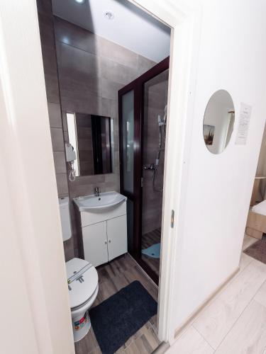 a bathroom with a toilet and a sink at Pensiunea casa Sia in Băile Herculane