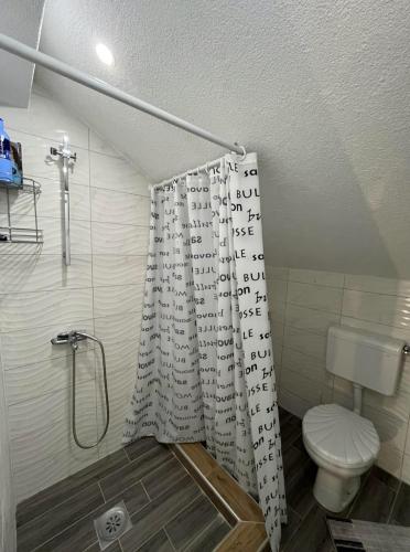 a bathroom with a toilet and a shower curtain at Vikendica Teodora - Zvornik in Zvornik