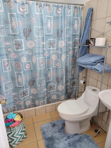 uma casa de banho com uma cortina de chuveiro e um WC em Villa Teresita - vista hermosa em Coco