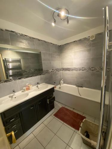 une salle de bain avec une baignoire et un lavabo et une baignoire dans l'établissement Appart T3 tout équipé calme avec prairie et parking, à Toulon
