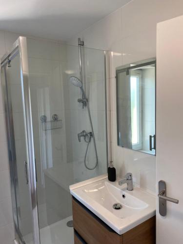 uma casa de banho branca com um lavatório e um chuveiro em Maison des Balmes proche Lyon em Miribel