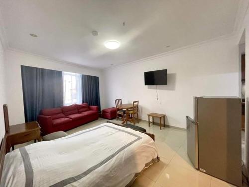 1 dormitorio con 1 cama y sala de estar con sofá en RESIDENCE D ANKADIFOTSY en Antananarivo