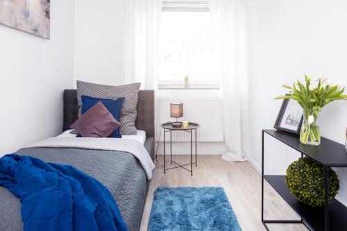 a bedroom with a bed with blue pillows and a window at Ferienwohnung Westermann, 3 Schlafzimmer, Waschmaschine, Businesswohnung, Monteurzimmer in Salzgitter