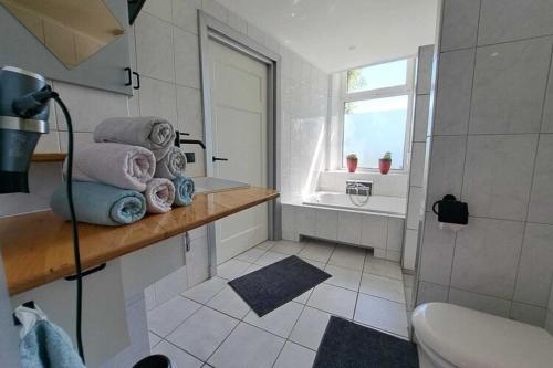 een badkamer met een wastafel, een toilet en een raam bij Pleasant Holiday Home in Haps with garden in Haps