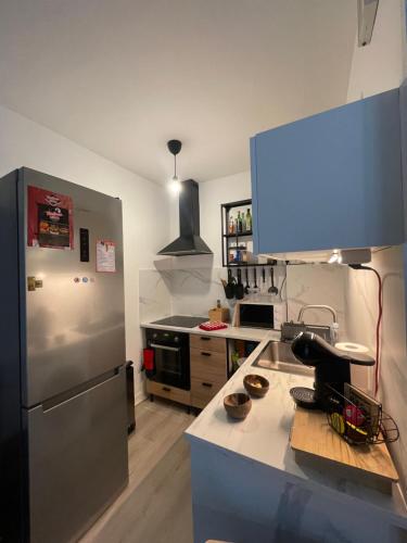 Il comprend une cuisine équipée d'un réfrigérateur en acier inoxydable et d'un comptoir. dans l'établissement Studio Terrasse Disney Paris, à Serris