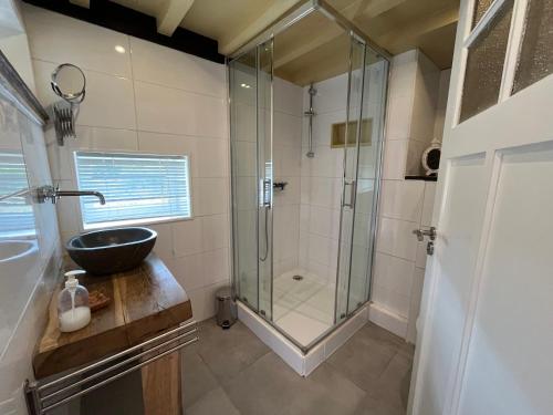 ein Bad mit einer Glasdusche und einem Waschbecken in der Unterkunft Le nid Mésange in Alligny-en-Morvan