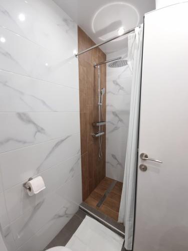 bagno con doccia e porta in vetro di Апартамент Орех А30 a Varna