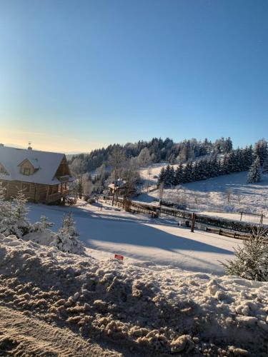 a snow covered field with a house in the background at Mr. Sowa Sokolec in Ludwikowice Kłodzkie