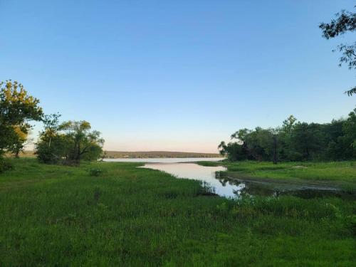 a river in a field with green grass and trees at The Perfect Porch Retreat in Eufaula